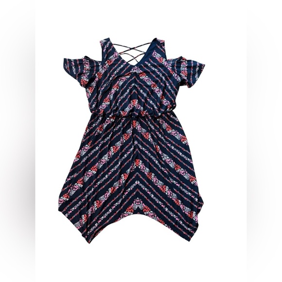 Maurice’s Cold Shoulder Navy Blue Pink Floral Midi Dress Shark bite Hem Sz 1X - Picture 2 of 7